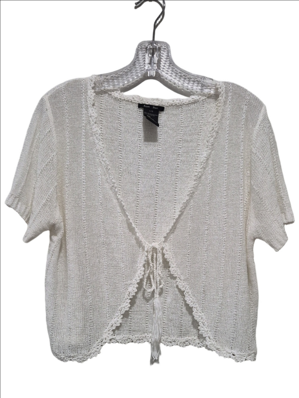 Alison Sheri White Open Knit Crop Shrug Tie Front Cardigan Size L